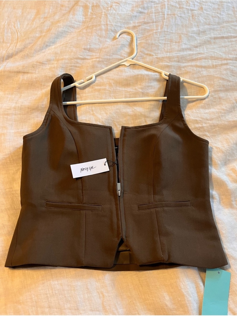 Nasty Gal Brown Zip-Front Cropped Tank Top